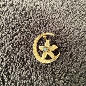 Antique seed pearl & gemstone crescent moon, flower brooch Victorian/Art Nouveau